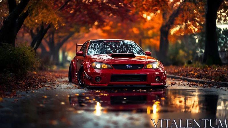 Red Subaru WRX STI on wet autumn street with reflections.