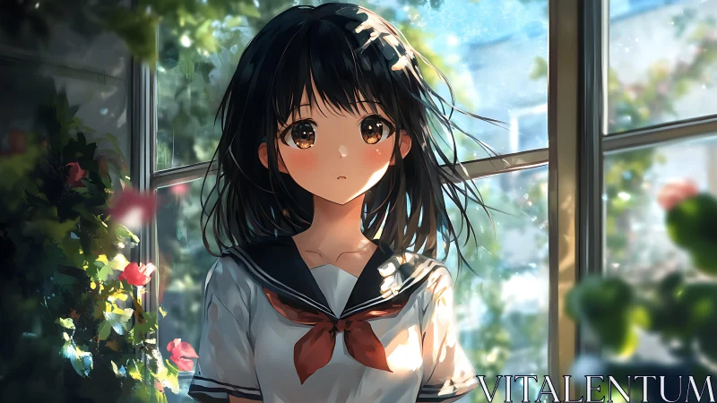 Soft sunlight surrounds a wistful schoolgirl by the window