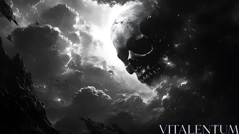 Brooding cosmic skull emerges gently from stormlit clouds