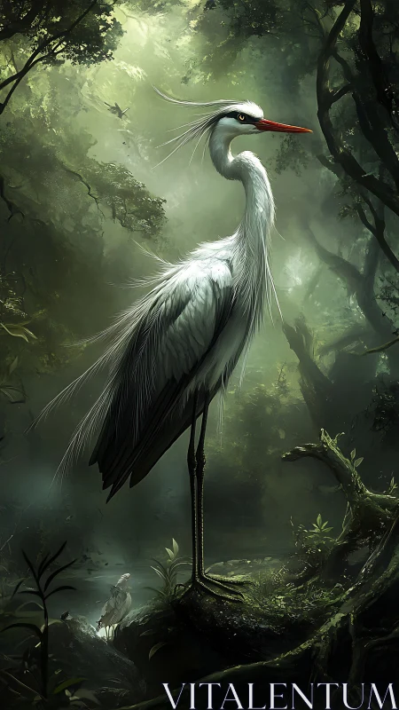Graceful white heron standing quietly in a misty forest glade.