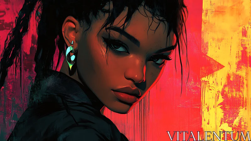 Intense neon portrait of woman against vivid red backdrop.