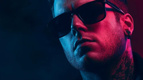 Dual-tone cyber-noir portrait intensifies angular male profile