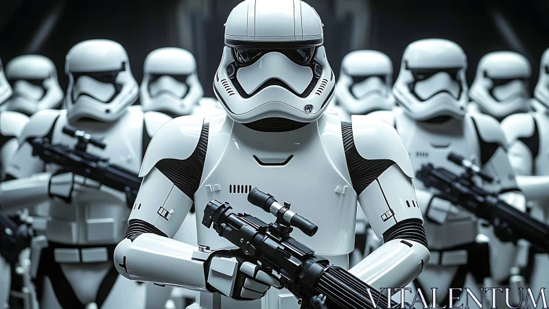 Armored sci fi troopers stand in formation with rifles ready.