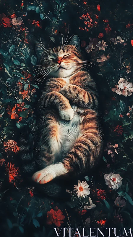 Contented Tabby Resting Among Vibrant Blooms.