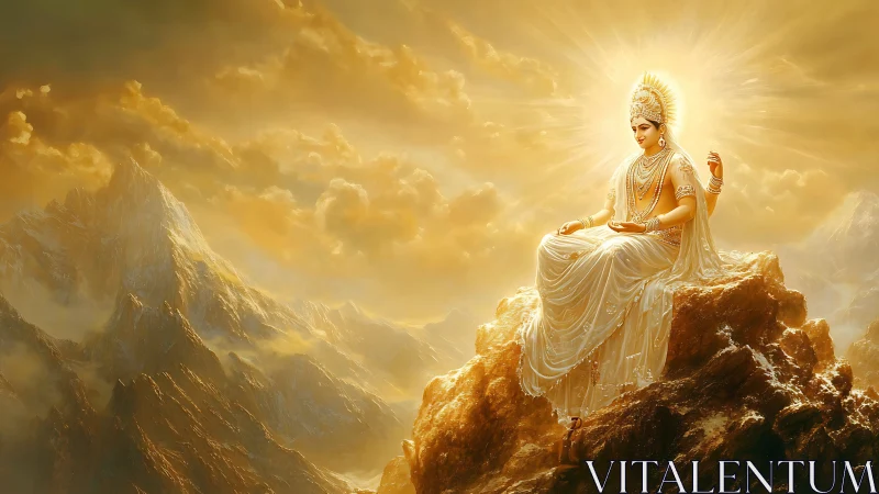 Radiant deity figure seated on sunlit mountain peak