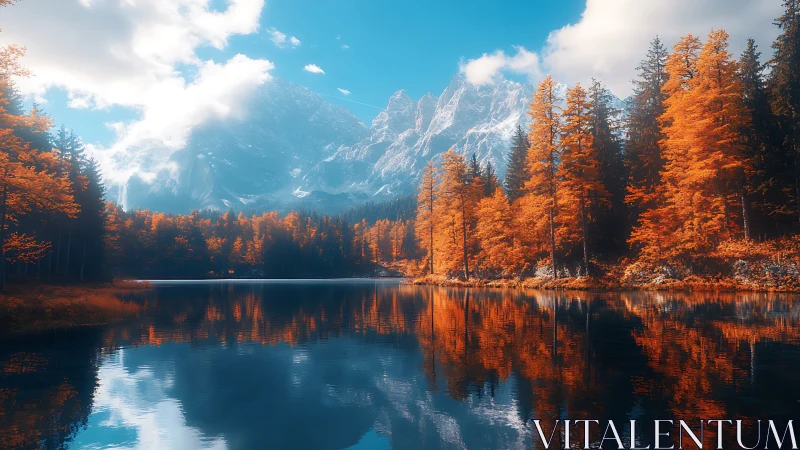 Mountain lake with orange autumn forest reflected in water