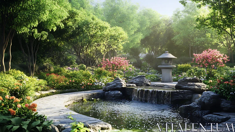 Stone lantern beside pond in structured garden setting.