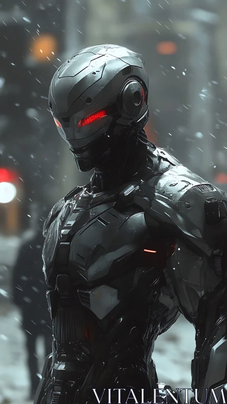 Armored humanoid robot in snowy urban street environment.
