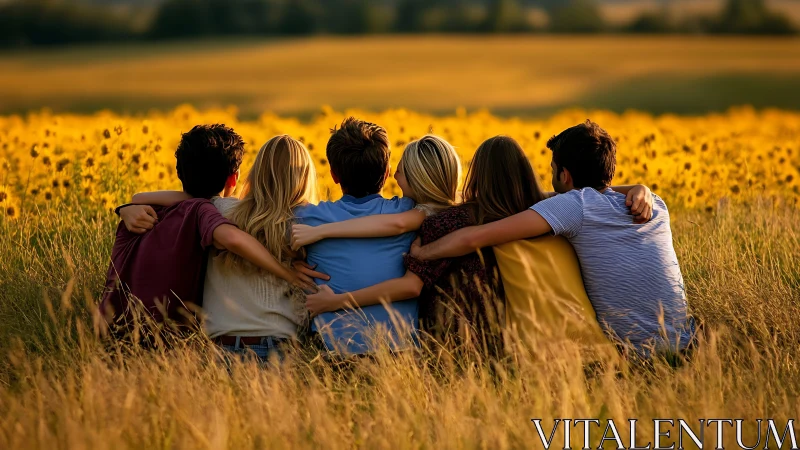 Friends sitting in meadow with arms around each other.
