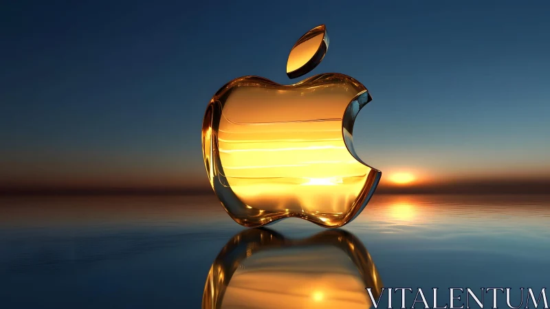 Golden Apple Logo in 3D on Reflective Surface at Sunset.