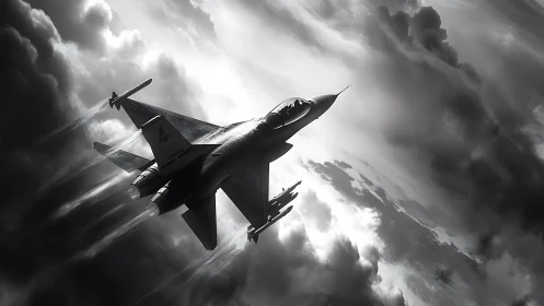 Stealth fighter jet climbs through storm-torn monochrome sky.