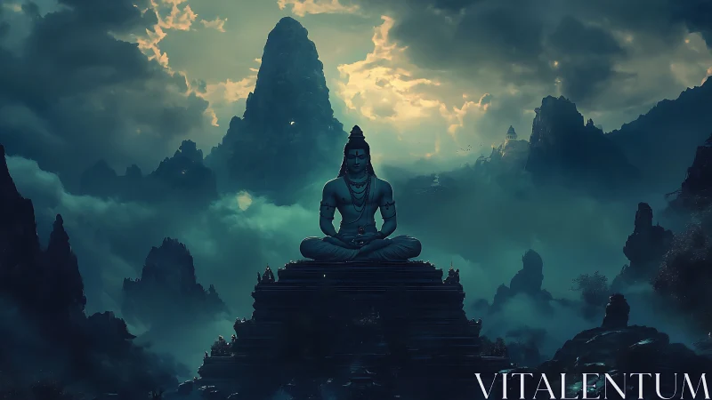 Silent mountain guardian in deep teal twilight meditation.