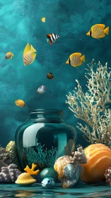 Glass vessel amid coral still life with suspended reef fish.