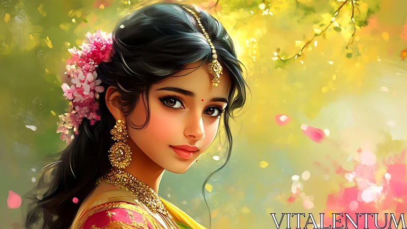 Elegant Indian Woman with Floral Adornments in Artistic Portrait.