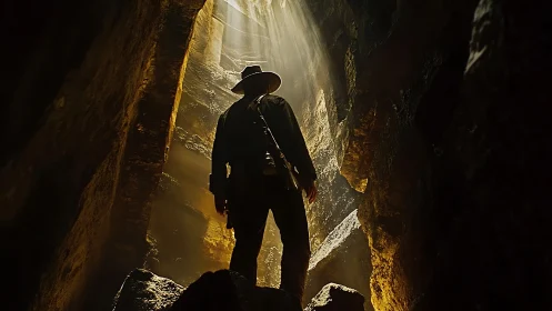 Lone cave explorer stands in golden shafts of mysterious light
