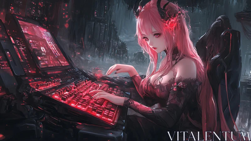 Demonic hacker girl at crimson cyber console in neon cityscape.