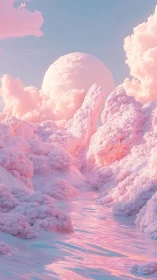 Volumetric pink cloud terrain with reflective liquid channel under orb