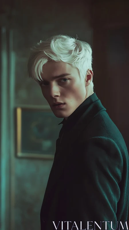 Young man with platinum hair in dark tailored coat.