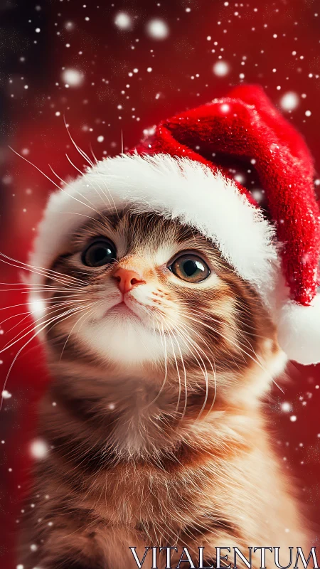 Small tabby kitten wears Santa hat against red backdrop
