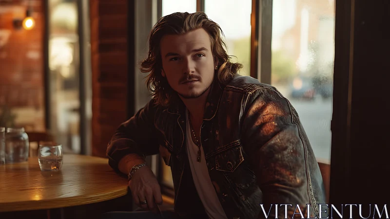 Man seated at caf&eacute; table in warm window light indoors