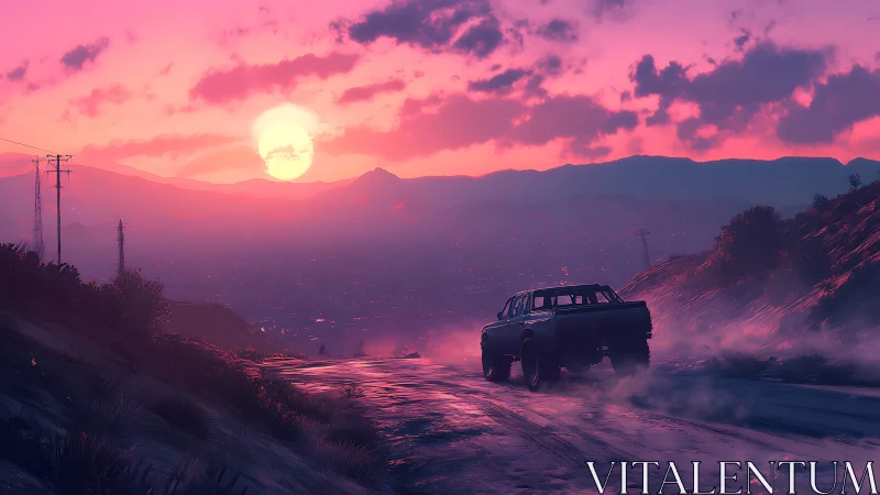 Neon dusk highway with silhouetted pickup crossing vaporous ridge