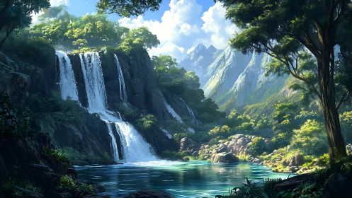 Sunlit mountain waterfall descends into clear forest lagoon