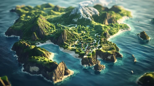 Verdant Coastal Archipelago Rendered Through Miniature Landscape Compression Technique