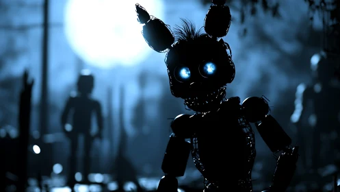 Robot figure stands in moonlit forest with backlit silhouettes