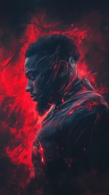 Digital painting portrait in red chromatic flame surround.