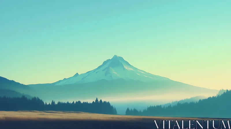 Sky-dusted peak rising above misty pines at dawn’s hush.