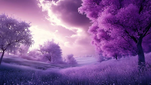 Lavender dreamscape meadow beneath glowing evening skies.