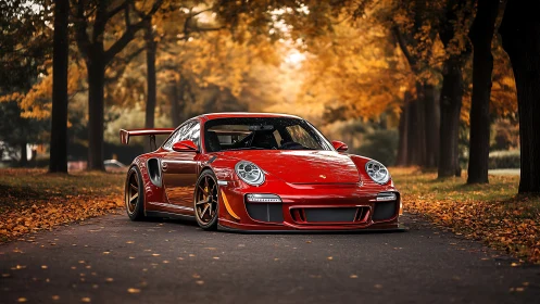Red sports car is parked on a tree-lined autumn road
