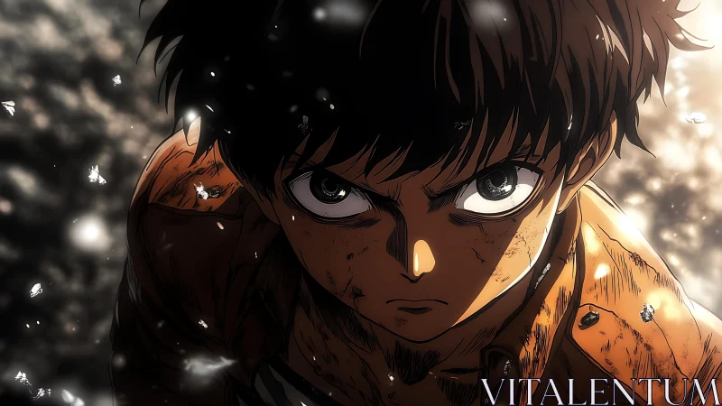 Fierce anime hero standing strong in the storm of light.