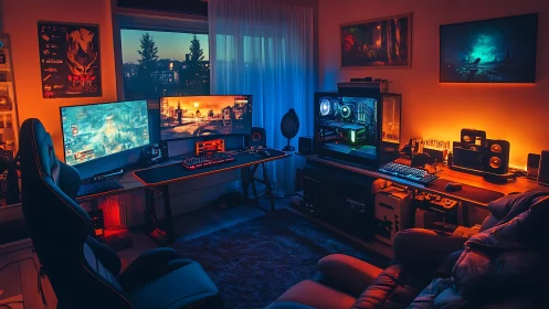 Immersive dual-monitor gaming battlestation glows at dusk.