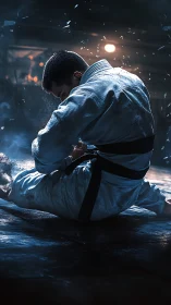 Martial artist in white gi rises from gritty dojo floor.