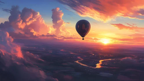 Hot air balloon crosses river landscape at low sunset light