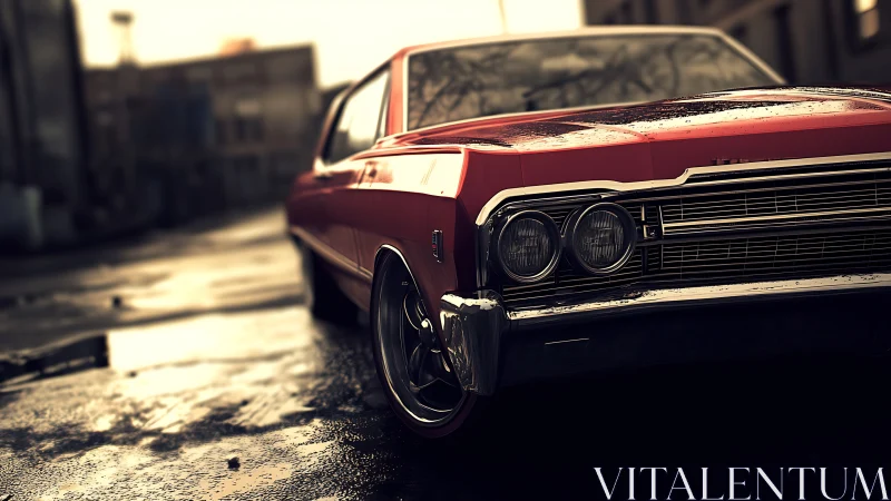 Red vintage muscle car close-up on wet urban street at dusk
