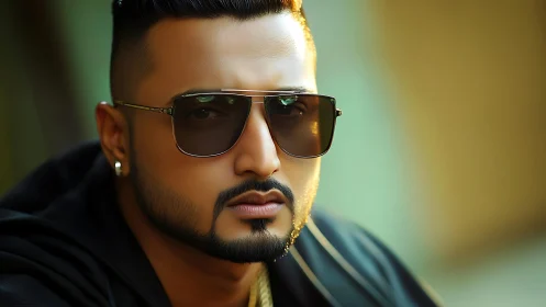 Male subject wearing sunglasses in close cropped portrait