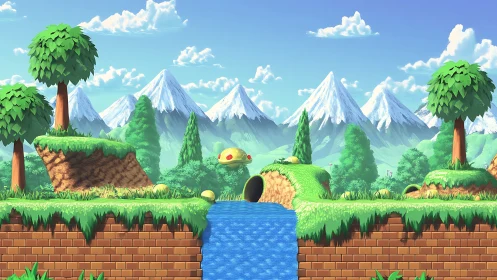 Stylized video game landscape with snow-capped mountains