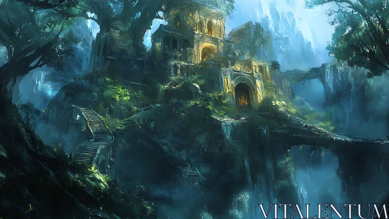 Hidden forest citadel glowing with ancient golden light.