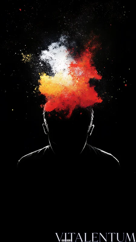 Silhouetted head with multicolor particle explosion above