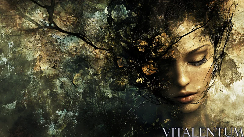 Melancholic forest muse dissolves into textured autumn haze