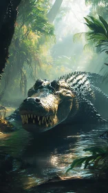 Photorealistic crocodile emerging through misted jungle stream.