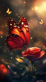 Crimson butterfly poised on rose in glowing dusk garden.