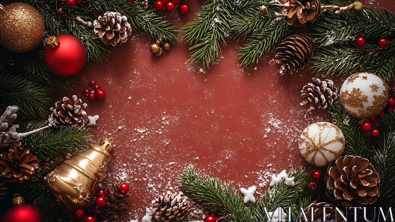 Christmas wreath border with ornaments on red background.