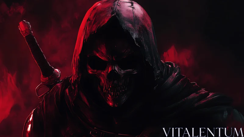 Hooded skeletal warrior holds sword in red illuminated haze
