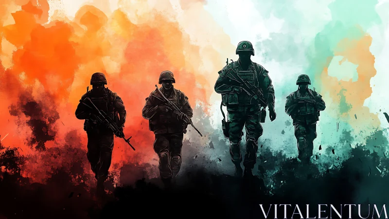 Four armed soldiers silhouetted against orange and teal field.