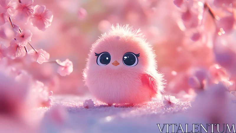 Plush pink chick gazes wide-eyed beneath drifting blossoms