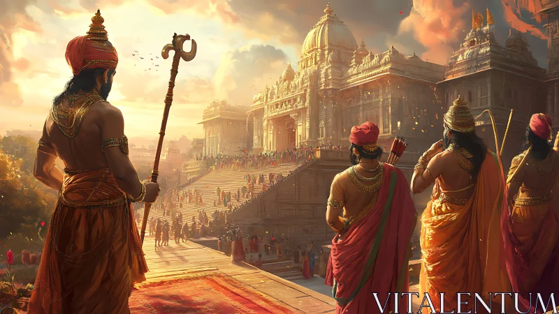 Sunlit temple procession viewed from royal sandstone terrace.