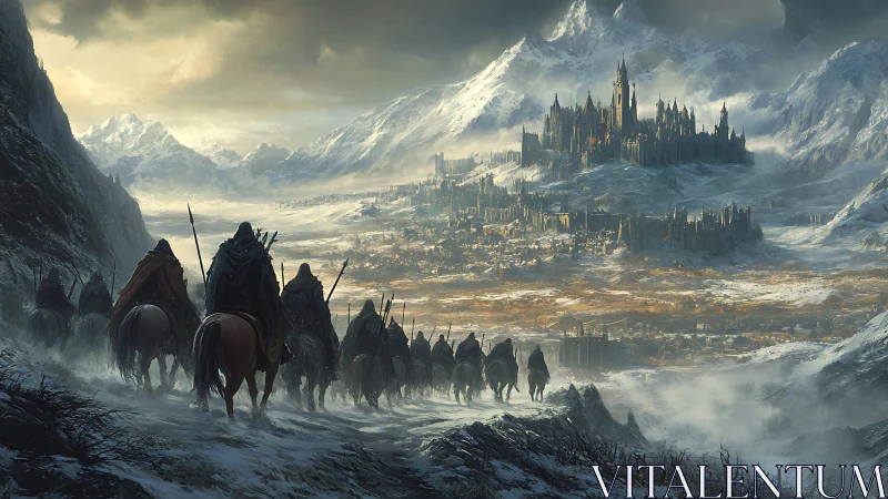Mounted warband approaches fortified citadel in icy valley.